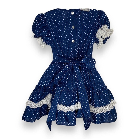 VTG Miss Quality Little Girls Size 5 Ruffle Lace Trim Dress Blue Polka Dot Frill - Picture 3 of 10